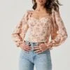 Long Sleeve Sweetheart Neck Top -Outlet Cozi Luxe Store AT17072B PINKMULTIFLORAL 0268