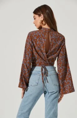 Long Sleeve Back Cutout Tie Waist Top -Outlet Cozi Luxe Store AT17082 BROWNBLUEFLORAL5 0292