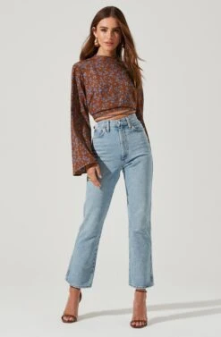 Long Sleeve Back Cutout Tie Waist Top -Outlet Cozi Luxe Store AT17082 BROWNBLUEFLORAL 0268