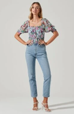 Floral Smocked Half Sleeve Top -Outlet Cozi Luxe Store AT17084 PINKGREENFLORAL 00331