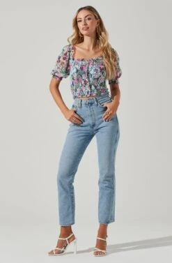 Floral Smocked Half Sleeve Top -Outlet Cozi Luxe Store AT17084 PINKGREENFLORAL 00371