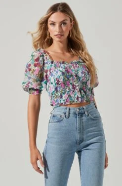 Floral Smocked Half Sleeve Top -Outlet Cozi Luxe Store AT17084 PINKGREENFLORAL 00441
