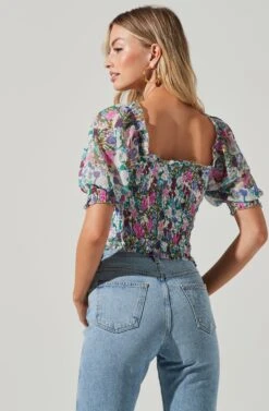 Floral Smocked Half Sleeve Top -Outlet Cozi Luxe Store AT17084 PINKGREENFLORAL 00481