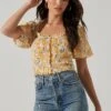 Floral Smocked Half Sleeve Top -Outlet Cozi Luxe Store AT17084 YELLOWPINKFLORAL 0525