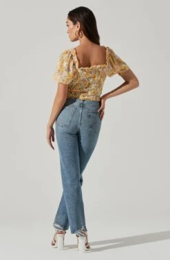 Floral Smocked Half Sleeve Top -Outlet Cozi Luxe Store AT17084 YELLOWPINKFLORAL 0529