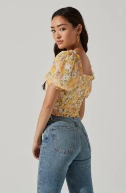 Floral Smocked Half Sleeve Top -Outlet Cozi Luxe Store AT17084 YELLOWPINKFLORAL 0533
