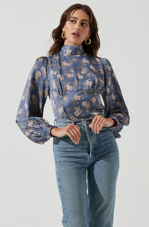 Mock Neck Tie Long Sleeve Top -Outlet Cozi Luxe Store AT17130 BLUEFLORAL 1968