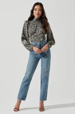 Mock Neck Tie Long Sleeve Top -Outlet Cozi Luxe Store AT17130 SAGEMULTI 0013