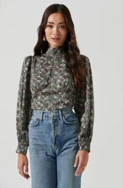 Mock Neck Tie Long Sleeve Top -Outlet Cozi Luxe Store AT17130 SAGEMULTI 0016