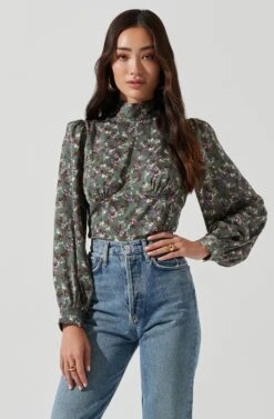 Mock Neck Tie Long Sleeve Top -Outlet Cozi Luxe Store AT17130 SAGEMULTI 0018