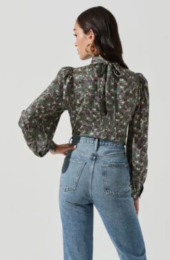 Mock Neck Tie Long Sleeve Top -Outlet Cozi Luxe Store AT17130 SAGEMULTI 0029