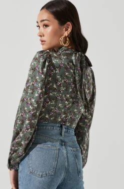 Mock Neck Tie Long Sleeve Top -Outlet Cozi Luxe Store AT17130 SAGEMULTI 0031