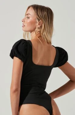 Puff Sleeve Square Neck Bodysuit -Outlet Cozi Luxe Store AT17138 BLACK 1259