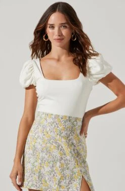 Puff Sleeve Square Neck Bodysuit -Outlet Cozi Luxe Store AT17138 WHITE 3