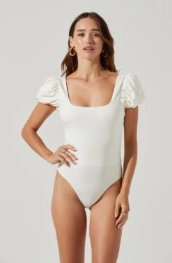 Puff Sleeve Square Neck Bodysuit -Outlet Cozi Luxe Store AT17138 WHITE 7