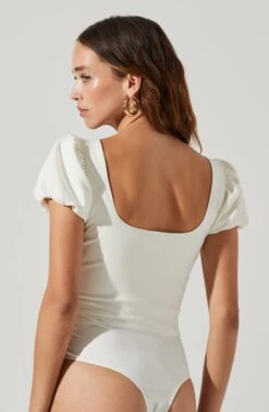 Puff Sleeve Square Neck Bodysuit -Outlet Cozi Luxe Store AT17138 WHITE 8