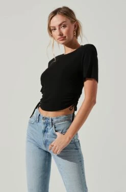 Cinched Side Crop Tee -Outlet Cozi Luxe Store AT17186 BLACK 1500