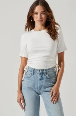 Cinched Side Crop Tee -Outlet Cozi Luxe Store AT17186 WHITE 2