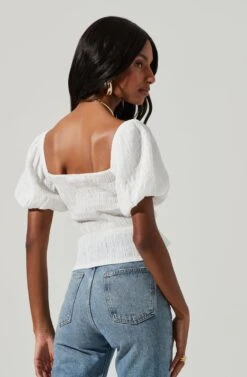 Bubble Short Sleeve Button Front Top -Outlet Cozi Luxe Store AT17188 WHITE 0996