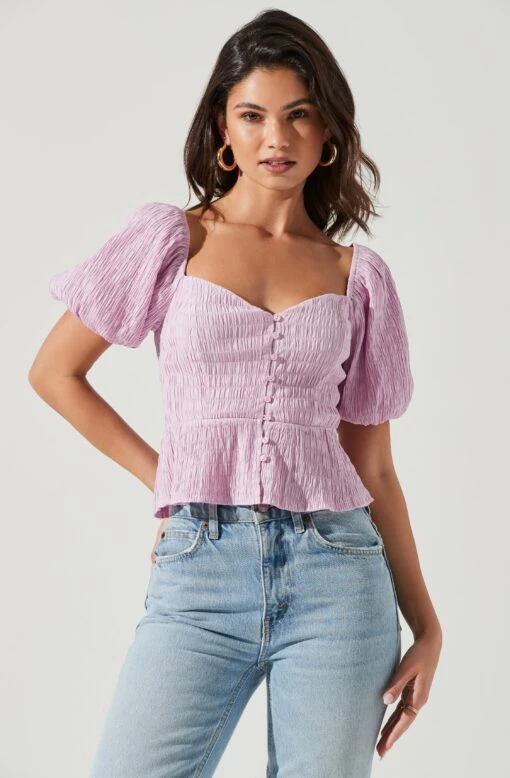 Bubble Short Sleeve Button Front Top -Outlet Cozi Luxe Store AT17188 PINK 0672