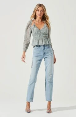 Floral Long Sleeve Shoulder Cutout Tie Neck Top -Outlet Cozi Luxe Store AT17205 BLUECORALDITSY 2