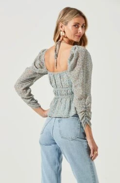 Floral Long Sleeve Shoulder Cutout Tie Neck Top -Outlet Cozi Luxe Store AT17205 BLUECORALDITSY 6