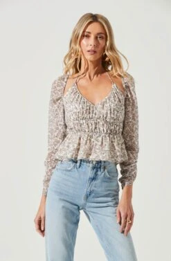 Floral Long Sleeve Shoulder Cutout Tie Neck Top -Outlet Cozi Luxe Store AT17205 WHITELAVENDERFLORAL 2