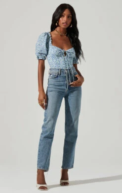 Lace Up Floral Tie Front Puff Sleeve Top -Outlet Cozi Luxe Store AT17225 BLUEDITSY 1