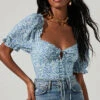 Lace Up Floral Tie Front Puff Sleeve Top -Outlet Cozi Luxe Store AT17225 BLUEDITSY 2