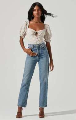 Lace Up Floral Tie Front Puff Sleeve Top -Outlet Cozi Luxe Store AT17225 PINKYELLOWFLORAL 1