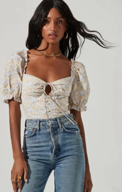 Lace Up Floral Tie Front Puff Sleeve Top -Outlet Cozi Luxe Store AT17225 PINKYELLOWFLORAL 2