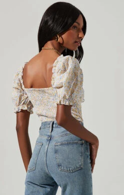 Lace Up Floral Tie Front Puff Sleeve Top -Outlet Cozi Luxe Store AT17225 PINKYELLOWFLORAL 3