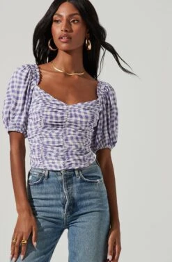Ruched Short Puff Sleeve Top -Outlet Cozi Luxe Store AT17231 BLUE GINHAM 0922
