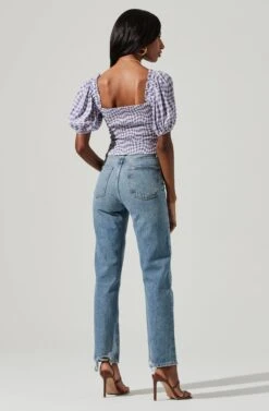 Ruched Short Puff Sleeve Top -Outlet Cozi Luxe Store AT17231 BLUE GINHAM 0928