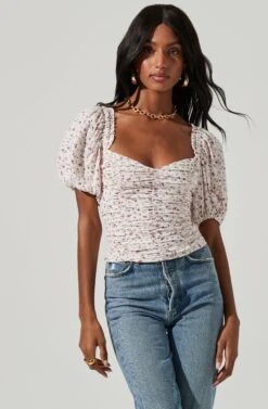 Ruched Short Puff Sleeve Top -Outlet Cozi Luxe Store AT17231 CREAM LAVENDER DITSY 1274