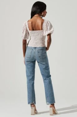 Ruched Short Puff Sleeve Top -Outlet Cozi Luxe Store AT17231 CREAM LAVENDER DITSY 1276