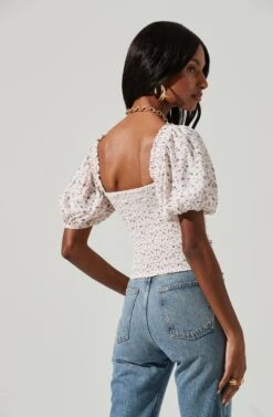 Ruched Short Puff Sleeve Top -Outlet Cozi Luxe Store AT17231 CREAM LAVENDER DITSY 1278