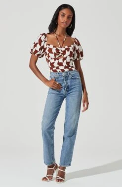 Tie Neck Floral Cut Out Puff Sleeve Top -Outlet Cozi Luxe Store AT17253 BROWNOFFWHITEABST 1