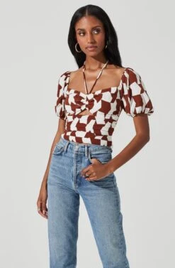Tie Neck Floral Cut Out Puff Sleeve Top -Outlet Cozi Luxe Store AT17253 BROWNOFFWHITEABST 2
