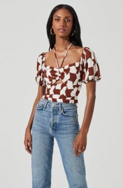 Tie Neck Floral Cut Out Puff Sleeve Top -Outlet Cozi Luxe Store AT17253 BROWNOFFWHITEABST 3