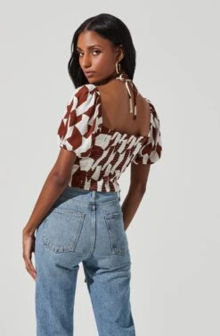 Tie Neck Floral Cut Out Puff Sleeve Top -Outlet Cozi Luxe Store AT17253 BROWNOFFWHITEABST 4