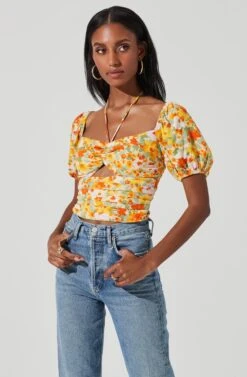 Tie Neck Floral Cut Out Puff Sleeve Top -Outlet Cozi Luxe Store AT17253 ORANGELILACFLORAL 3