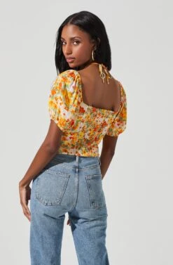 Tie Neck Floral Cut Out Puff Sleeve Top -Outlet Cozi Luxe Store AT17253 ORANGELILACFLORAL 4