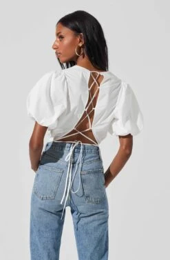 Lace Up Poplin Top -Outlet Cozi Luxe Store AT17263 WHITE 4