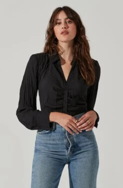 Textured Ruched Button Up -Outlet Cozi Luxe Store AT17371 BLACK 2