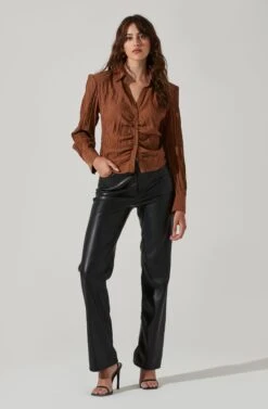 Textured Ruched Button Up -Outlet Cozi Luxe Store AT17371 BROWN 1
