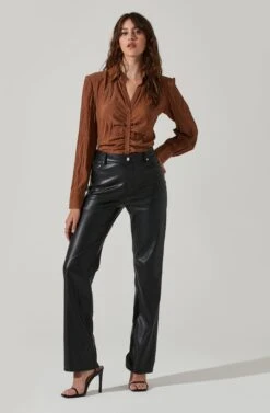 Textured Ruched Button Up -Outlet Cozi Luxe Store AT17371 BROWN 2