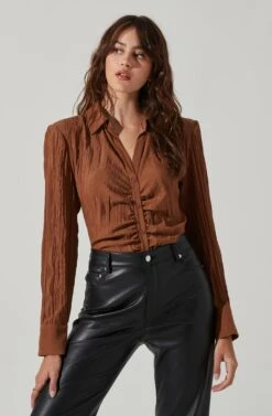 Textured Ruched Button Up -Outlet Cozi Luxe Store AT17371 BROWN 3