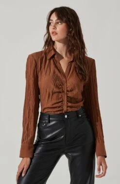 Textured Ruched Button Up -Outlet Cozi Luxe Store AT17371 BROWN 4