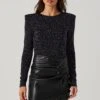 Long Sleeve Metallic Padded Shoulder Bodysuit -Outlet Cozi Luxe Store AT17524 BLACKPURPLEMULTI 2